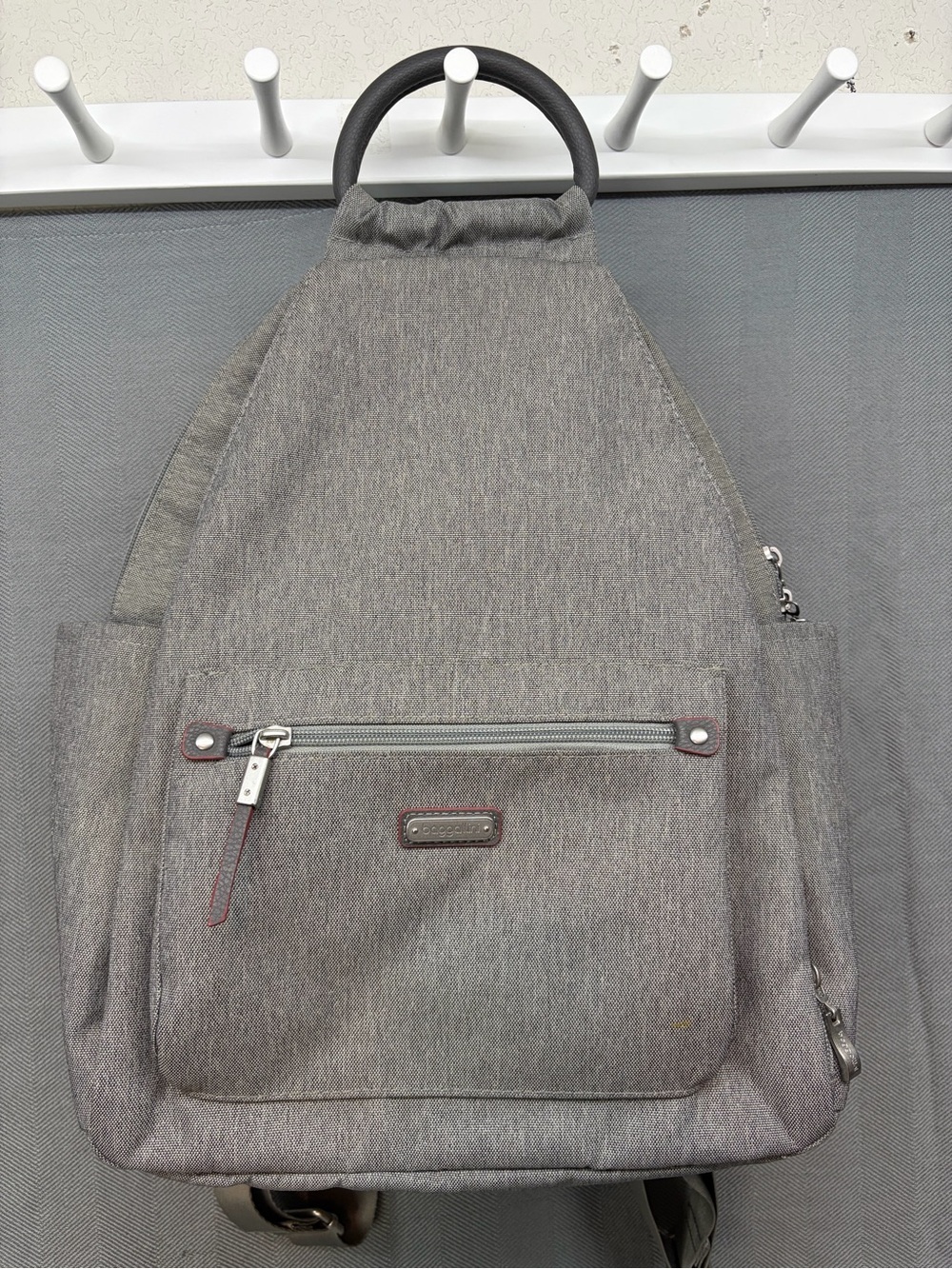 Baggallini all day backpack with handle multi pocket gray exterior blue interior